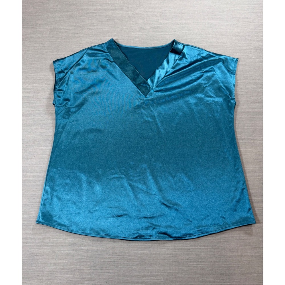 Unbranded Blouse Women XXL Teal Blue Excellent Satin V-Neck Cap Sleeve Top